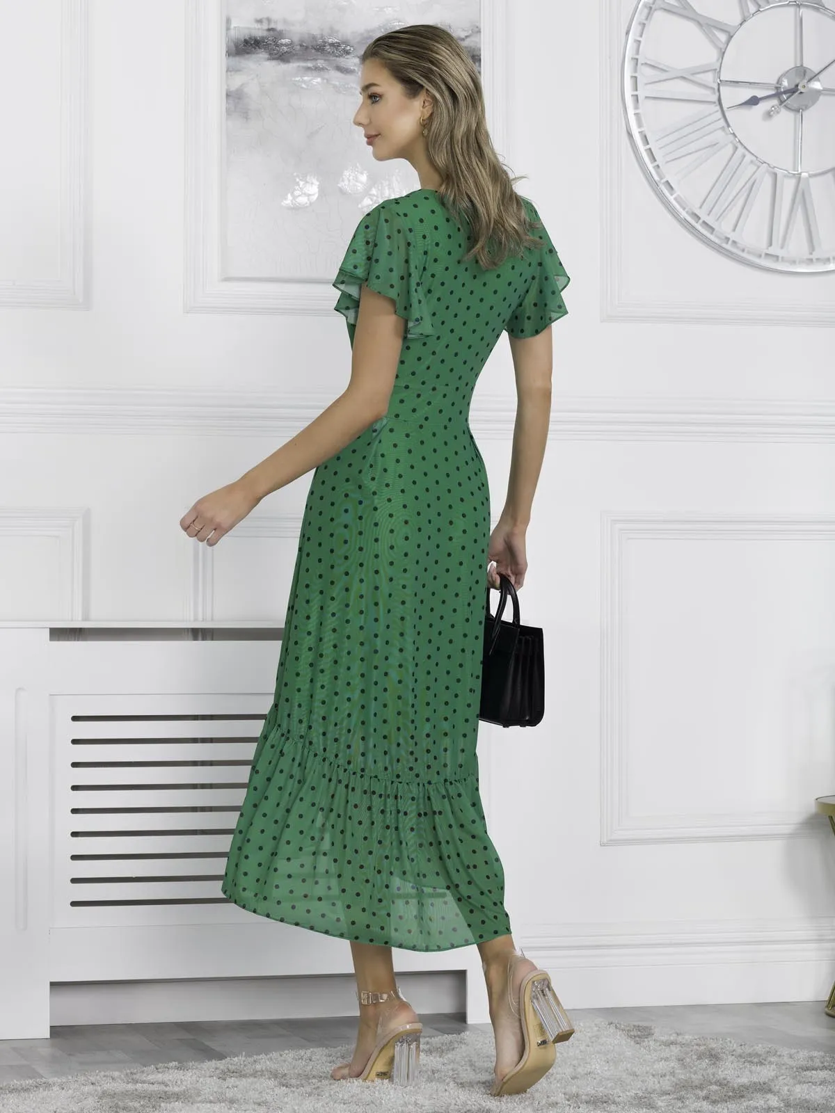 Leena Mesh Cap Sleeve Tiered Maxi Dress, Green Polka