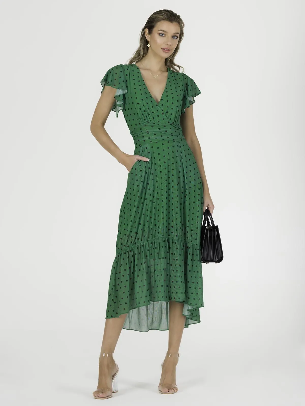 Leena Mesh Cap Sleeve Tiered Maxi Dress, Green Polka