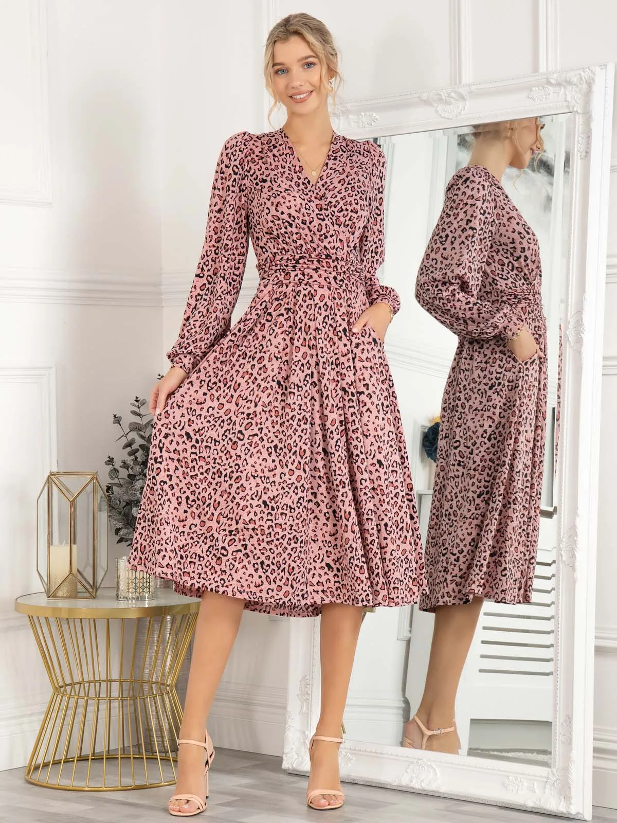 Libby Long Sleeve Midi Dress, Pink Animal