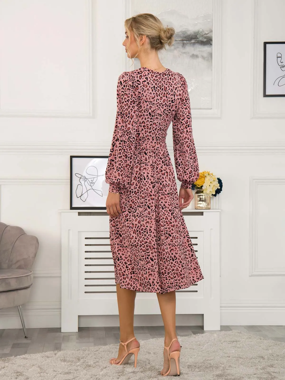 Libby Long Sleeve Midi Dress, Pink Animal