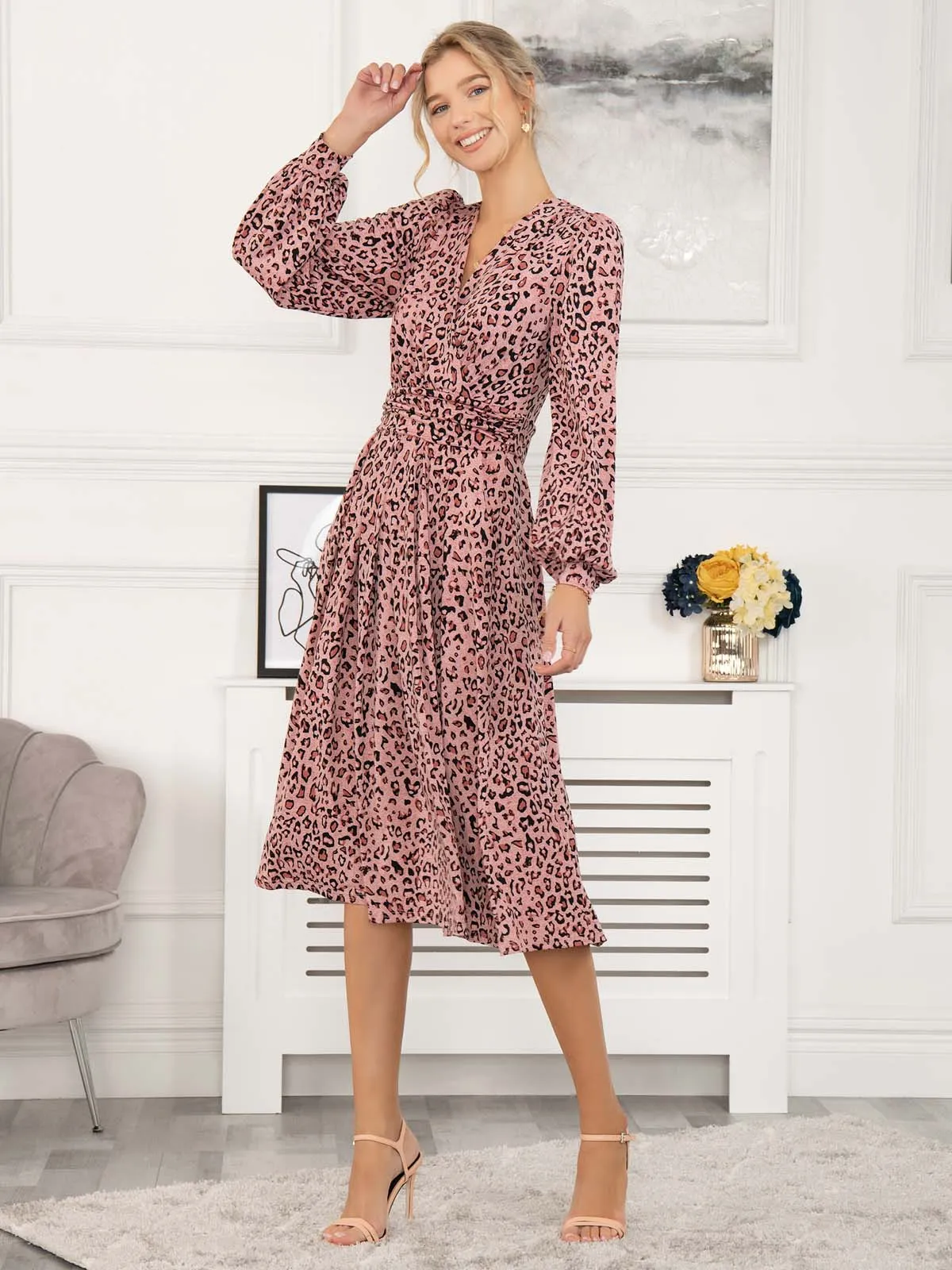 Libby Long Sleeve Midi Dress, Pink Animal