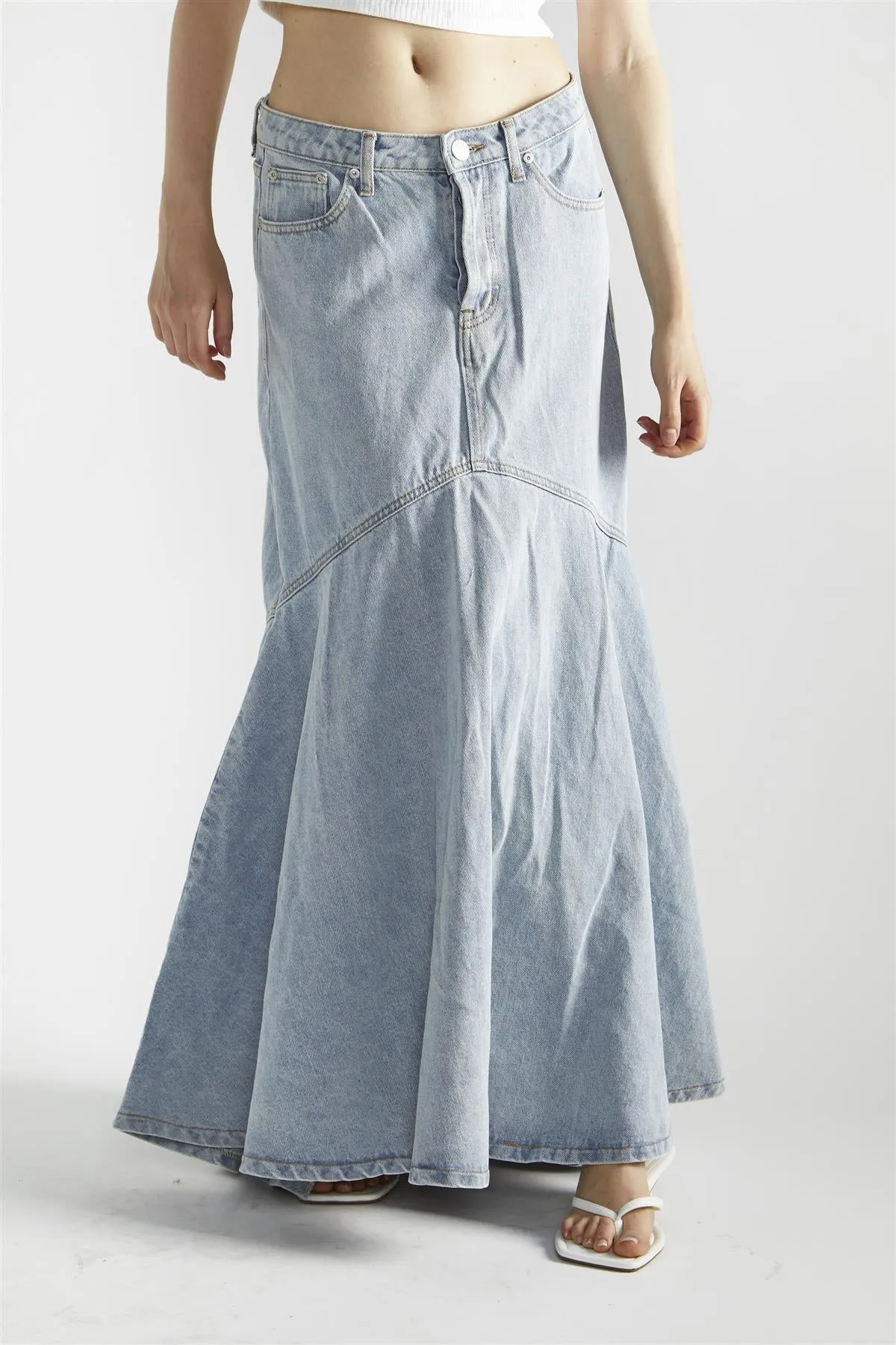 Light Stonewash Denim Fishtail Maxi-Skirt