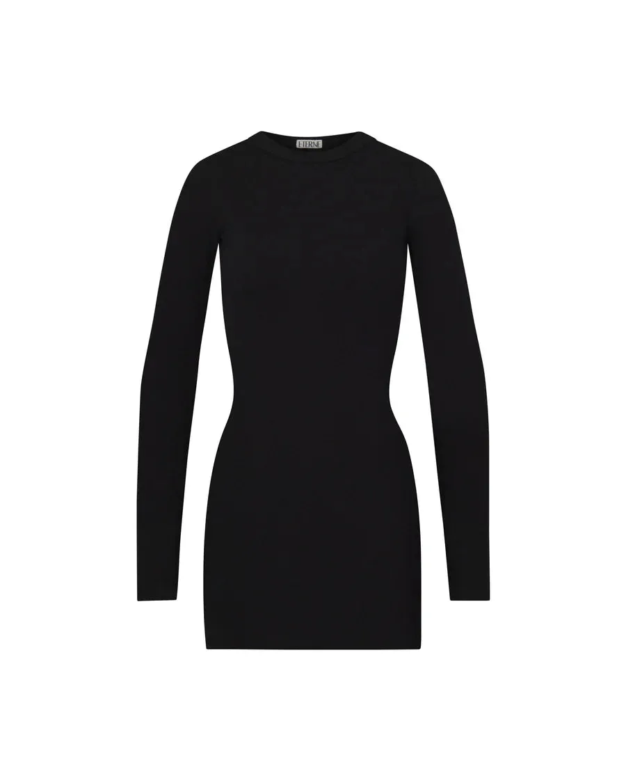 Long Sleeve Crewneck Dress Mini - Black