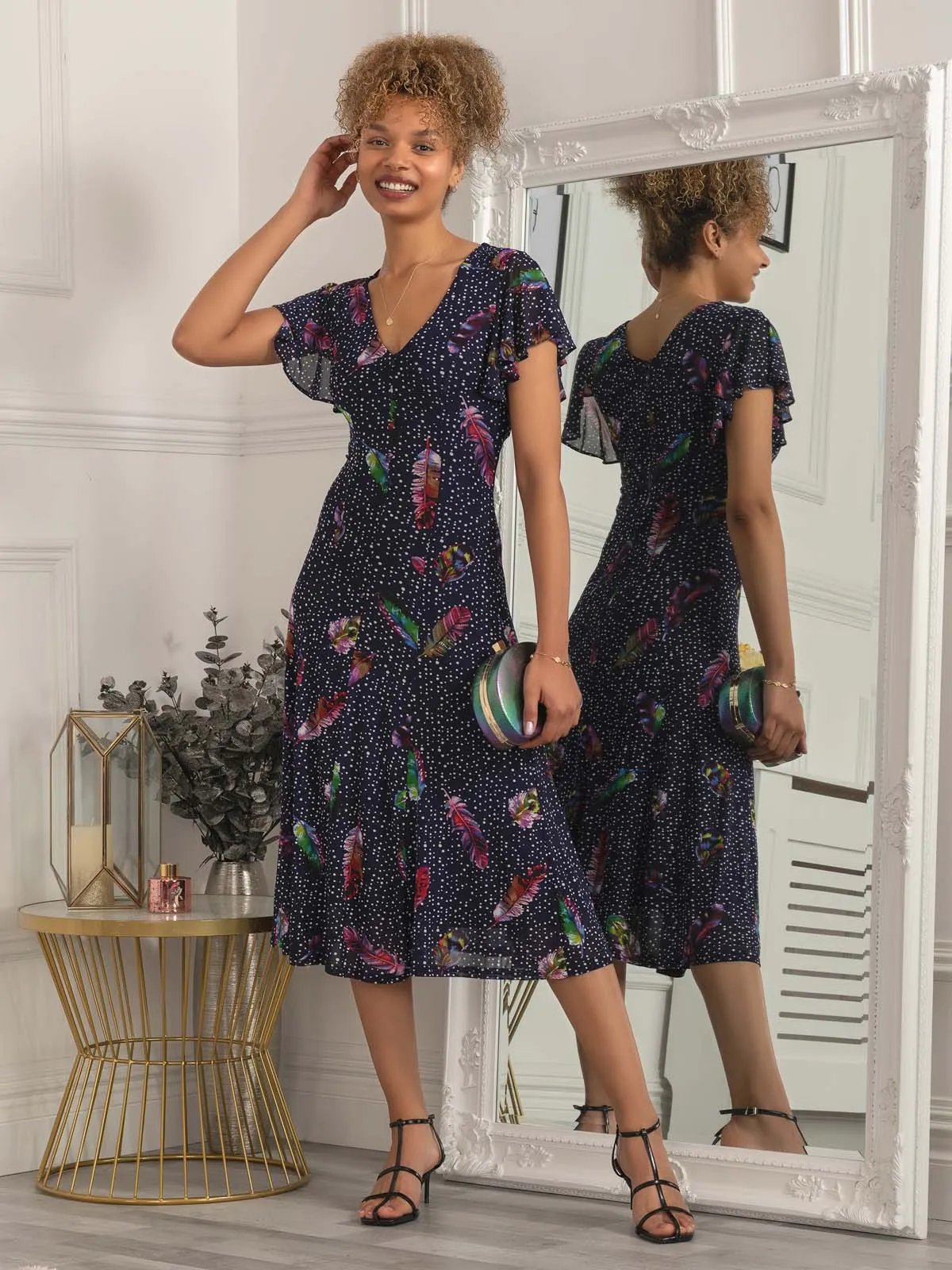 Lucille Fit & Flare Mesh Dress, Navy Multi