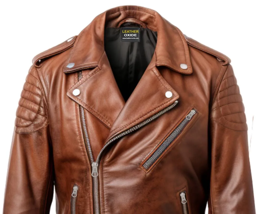 Men Real Leather Brown Biker Jacket