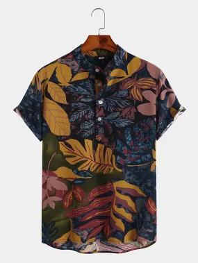 Mens Floral & Plant Pullover Hawaiian Vacation Henley Shirt