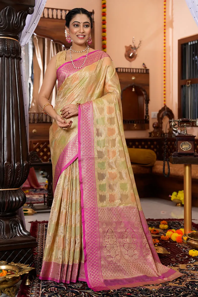 Mesmeric Pista Organza Silk Saree With Flamboyant Blouse Piece
