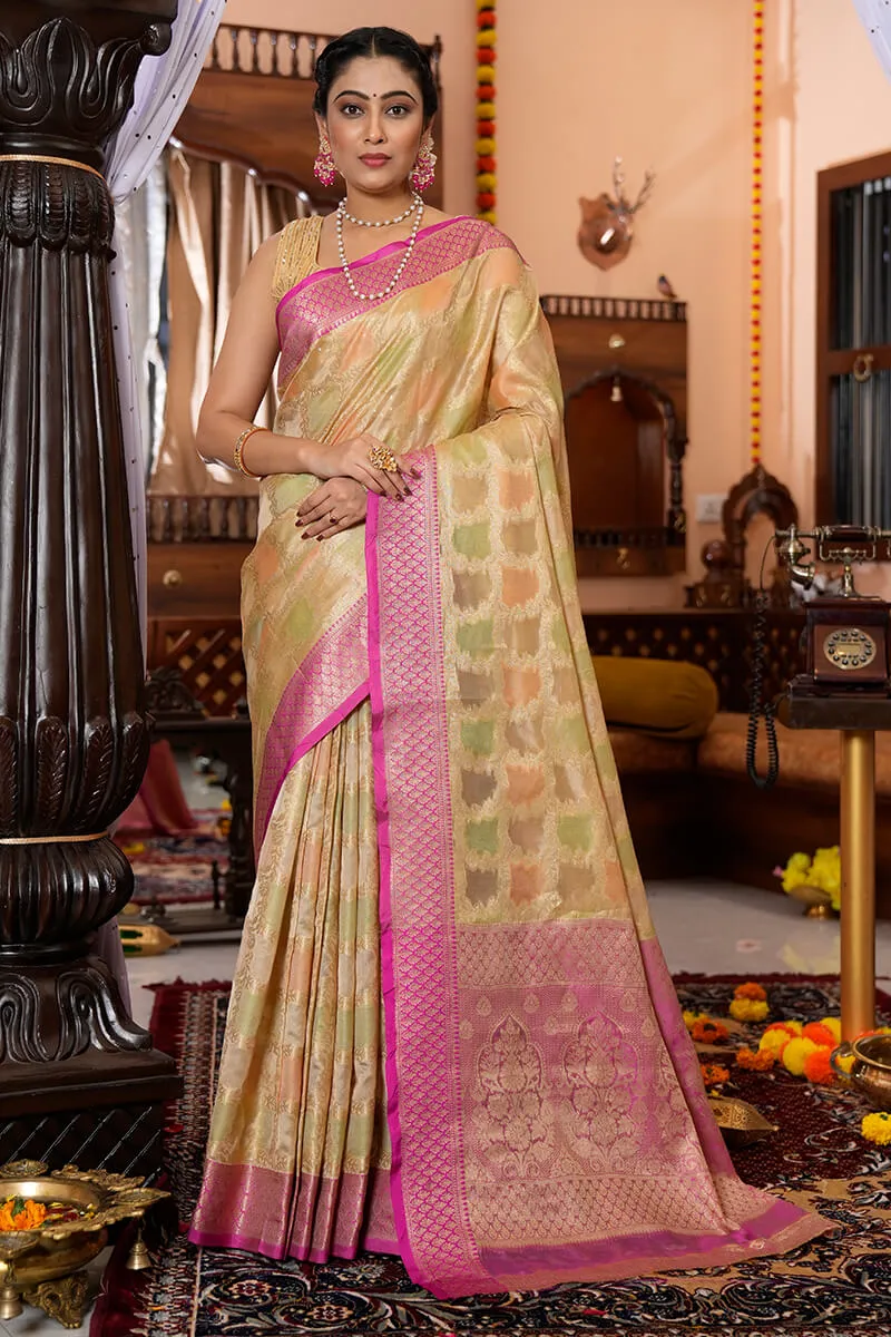 Mesmeric Pista Organza Silk Saree With Flamboyant Blouse Piece
