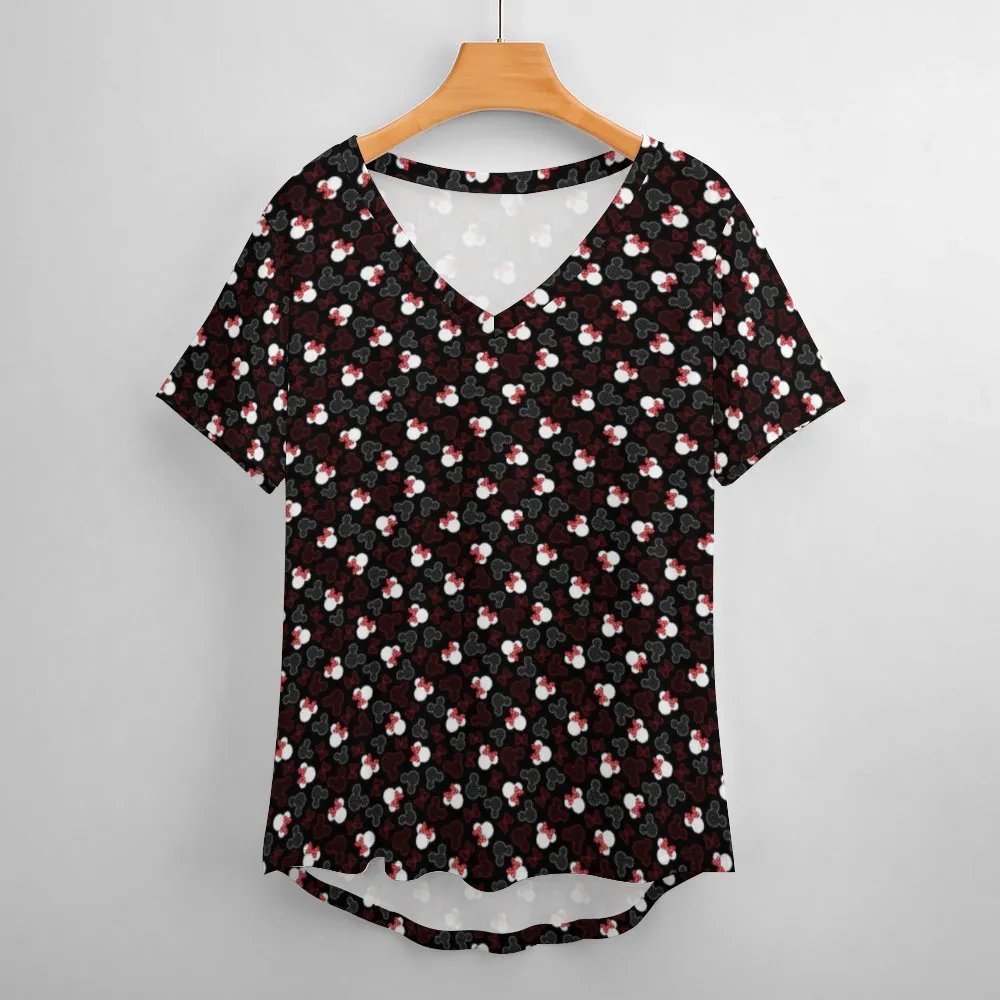 Mickey And Minnie Dots Women's V-Neck T-Shirt