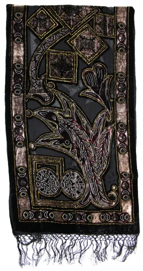 Multicoloured Multipatterned Devore Velvet Scarf with Black Border (176 x 52cm)