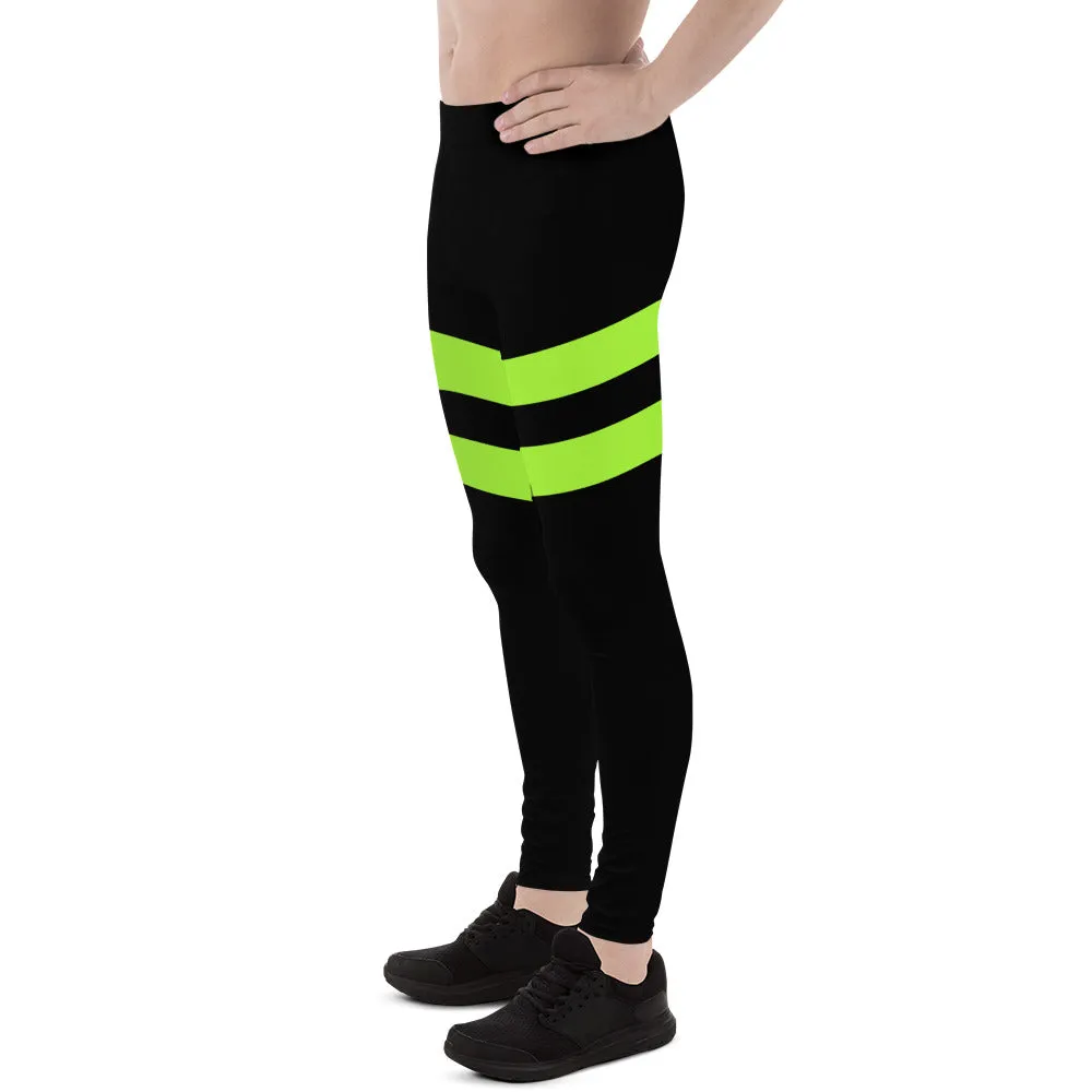 Neon Green Stripes Men's Leggings, Striped Colors Men's Leggings, Colorful Striped Green Black Gym Tights For Men - Made in USA/EU/MX
