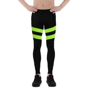 Neon Green Stripes Men's Leggings, Striped Colors Men's Leggings, Colorful Striped Green Black Gym Tights For Men - Made in USA/EU/MX