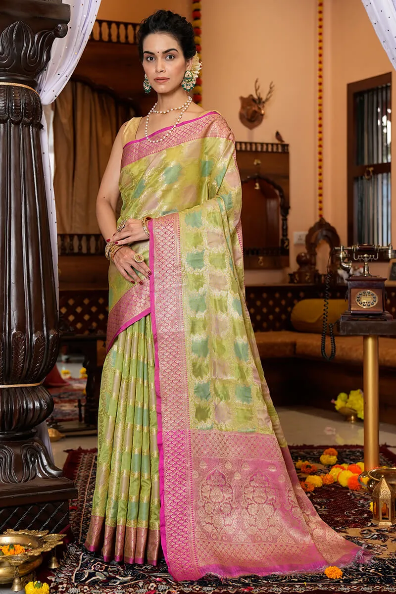 Opulent Mehndi Organza Silk Saree With Adoring Blouse Piece