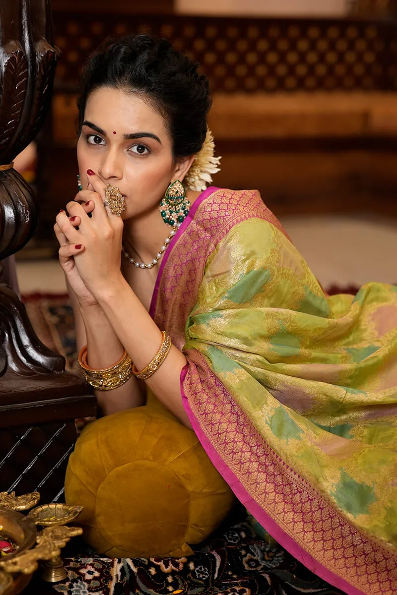 Opulent Mehndi Organza Silk Saree With Adoring Blouse Piece