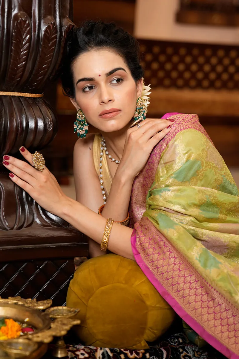 Opulent Mehndi Organza Silk Saree With Adoring Blouse Piece