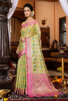 Opulent Mehndi Organza Silk Saree With Adoring Blouse Piece