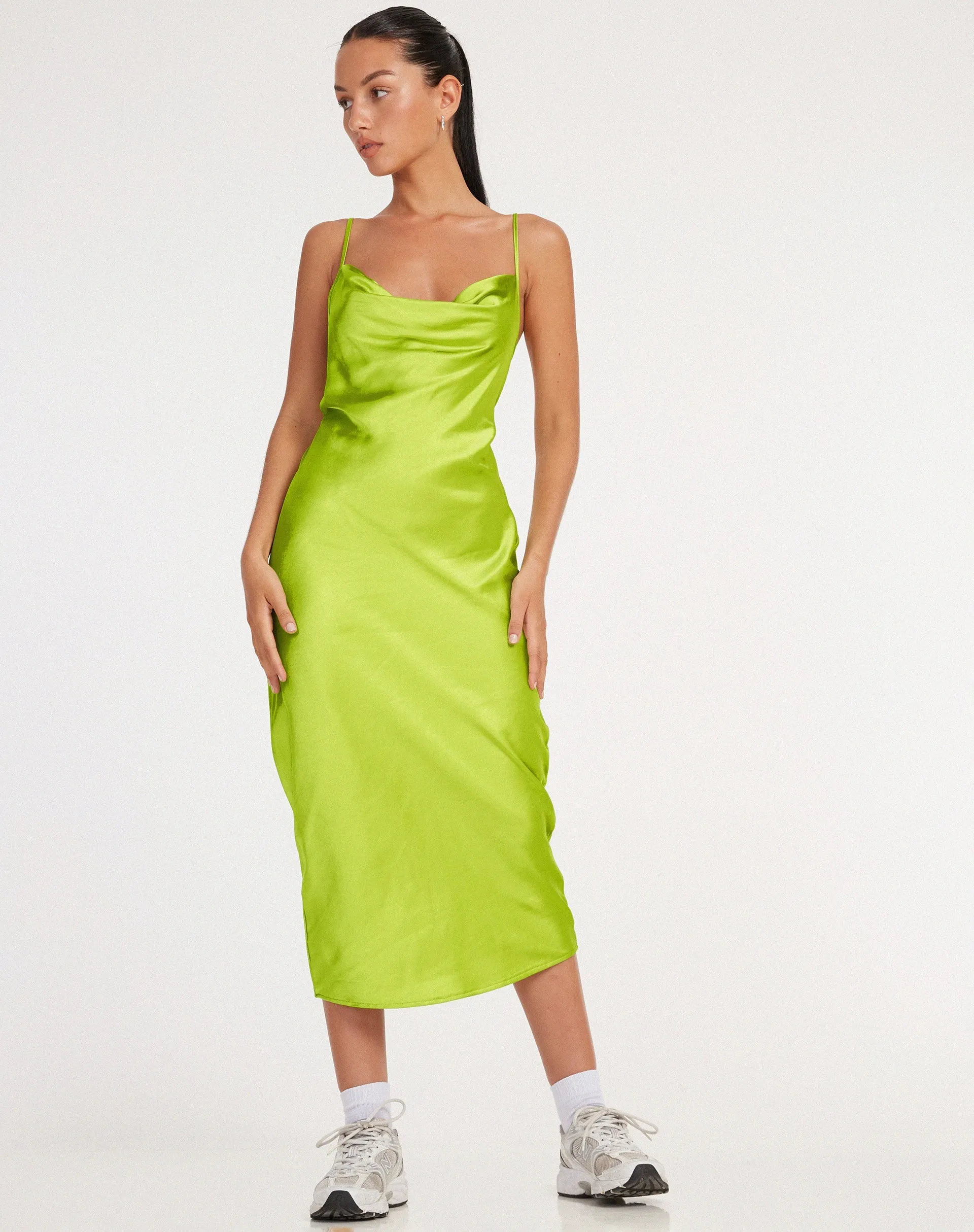 Palasha Midi Dress in Satin Lime Green
