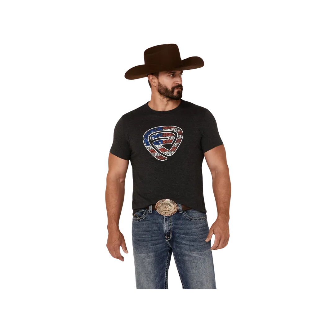 Panhandle Slim Men's Rock Roll Denim Patriotic Logo Short Sleeve Charcoal Shirt