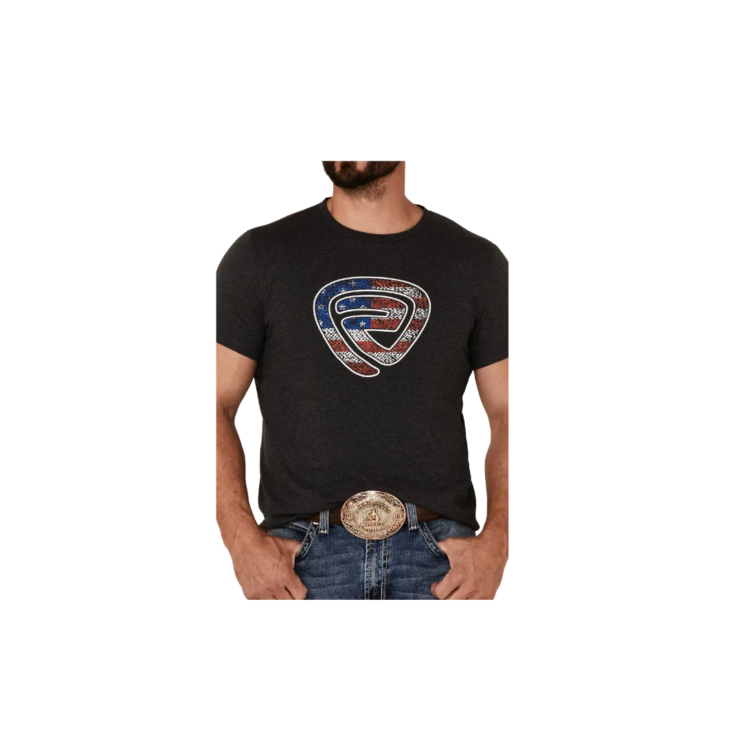 Panhandle Slim Men's Rock Roll Denim Patriotic Logo Short Sleeve Charcoal Shirt