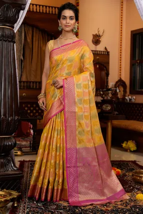 Pleasant Yellow Organza Silk Saree With Flameboyant Blouse Piece