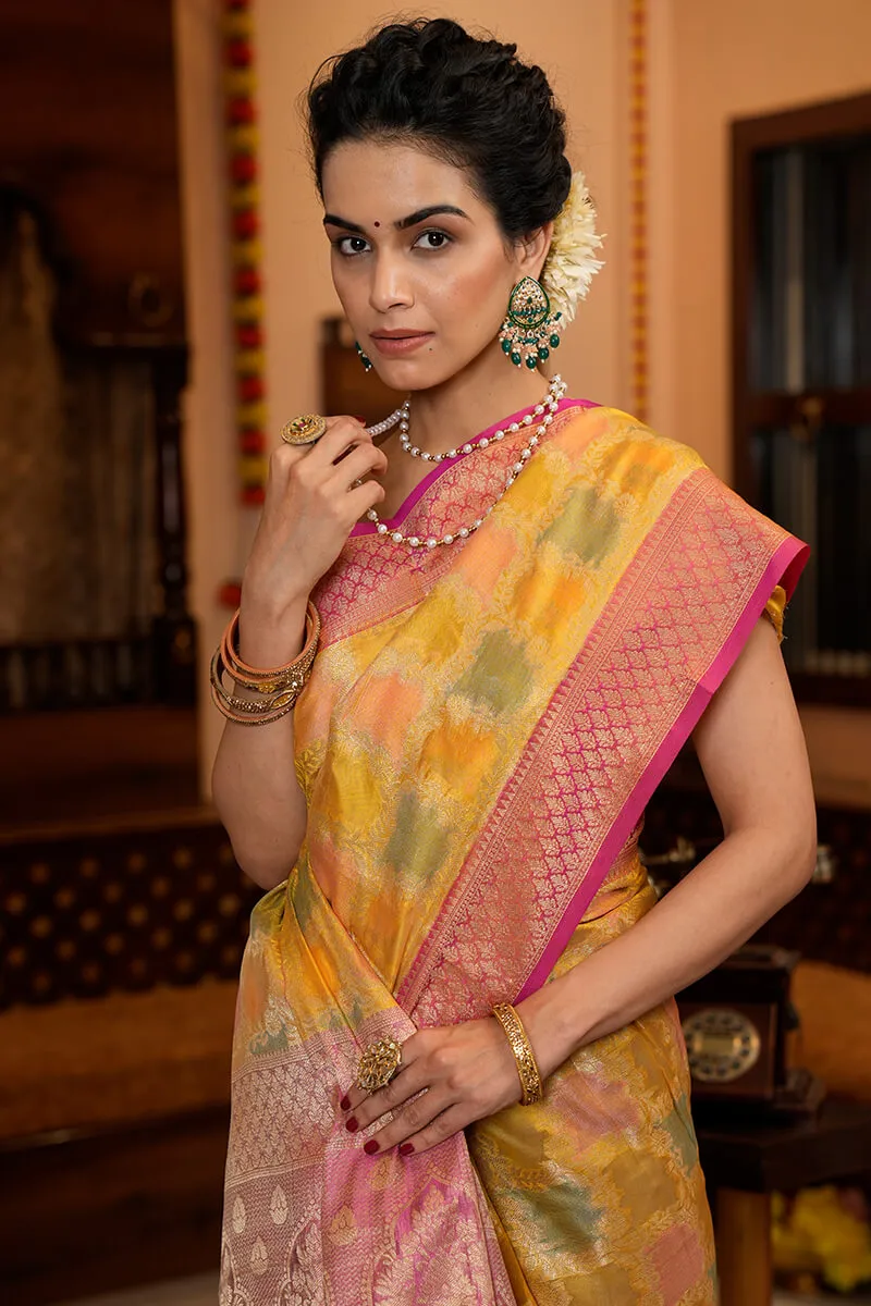 Pleasant Yellow Organza Silk Saree With Flameboyant Blouse Piece