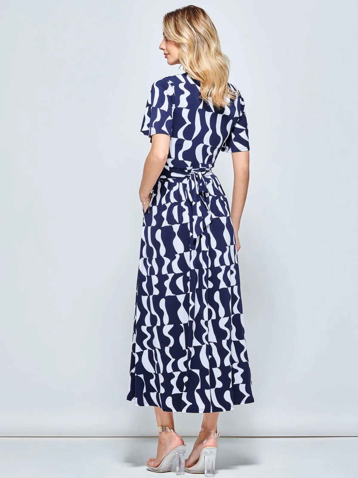 Print Angel Sleeve Jersey Maxi Dress, Navy Pattern