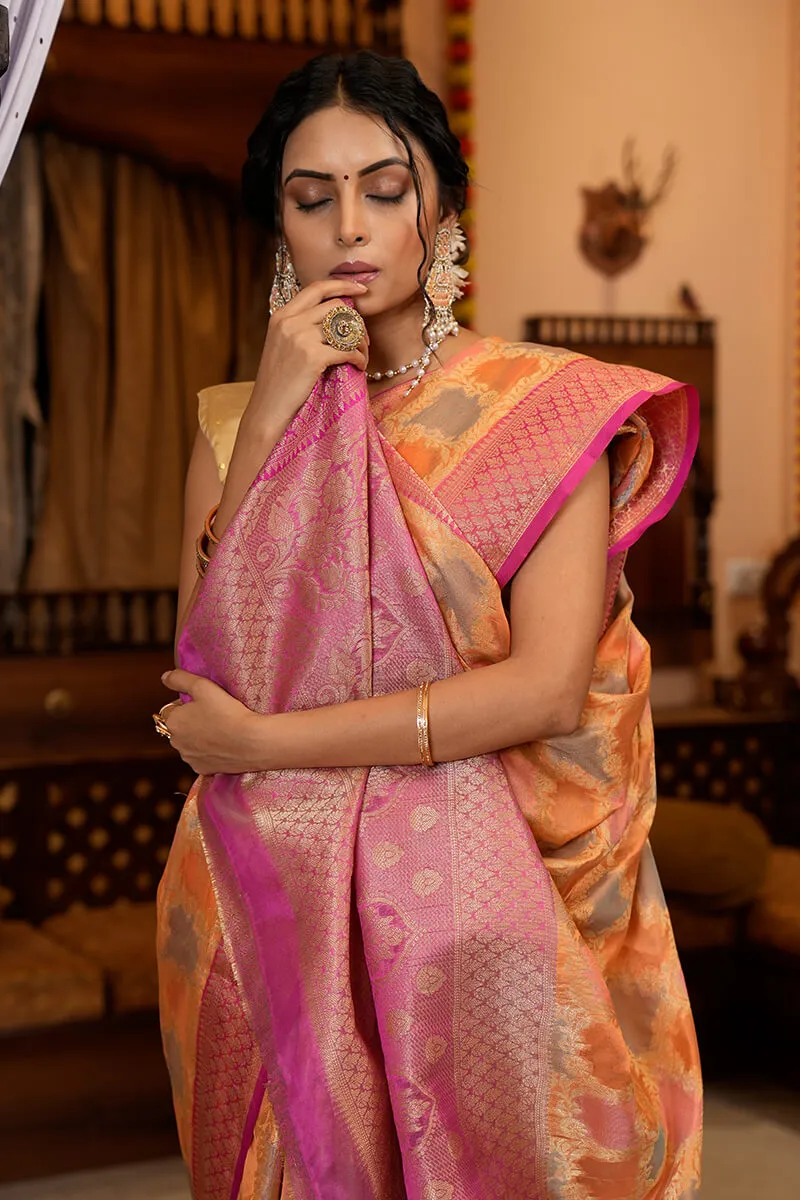 Radiant Orange Organza Silk Saree With Groovy Blouse Piece