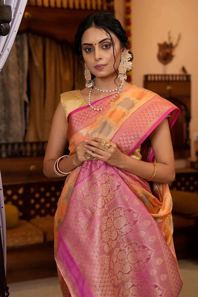 Radiant Orange Organza Silk Saree With Groovy Blouse Piece