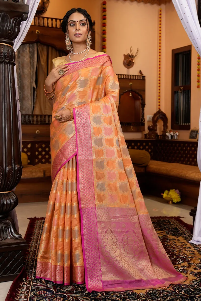 Radiant Orange Organza Silk Saree With Groovy Blouse Piece