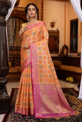 Radiant Orange Organza Silk Saree With Groovy Blouse Piece