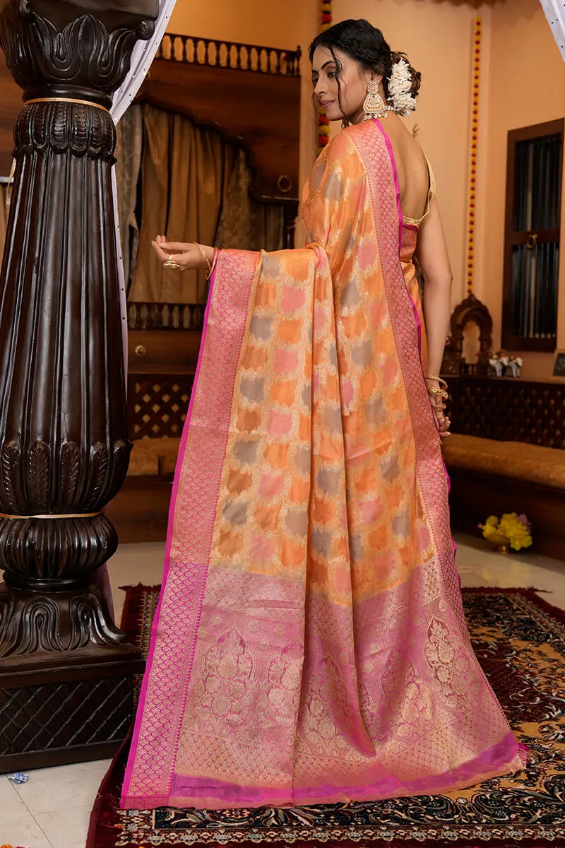 Radiant Orange Organza Silk Saree With Groovy Blouse Piece