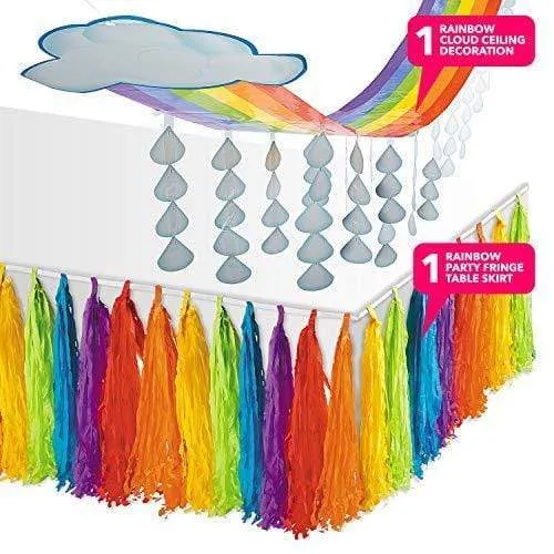 Rainbow Party Supplies - Large Ceiling Decoration and Tissue Fringe Table Skirt