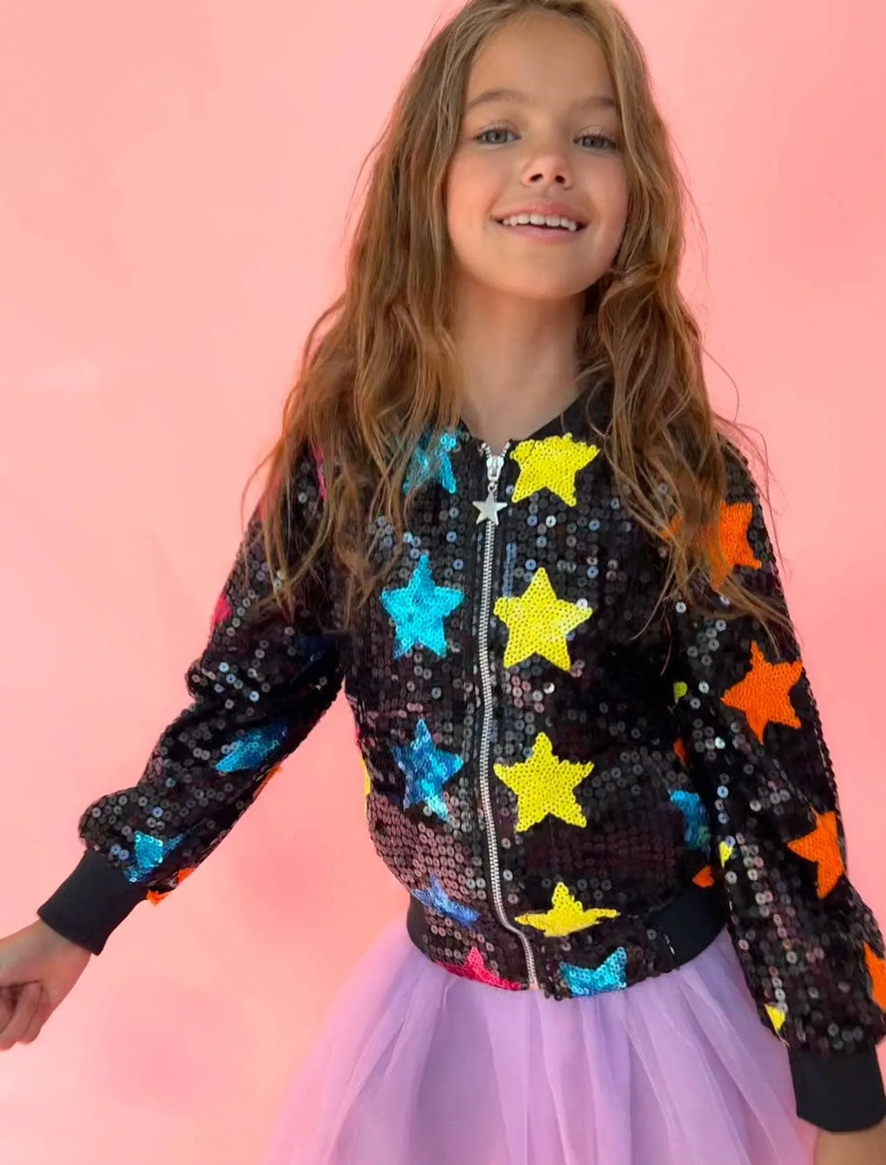 Rainbow Star Sequin Bomber