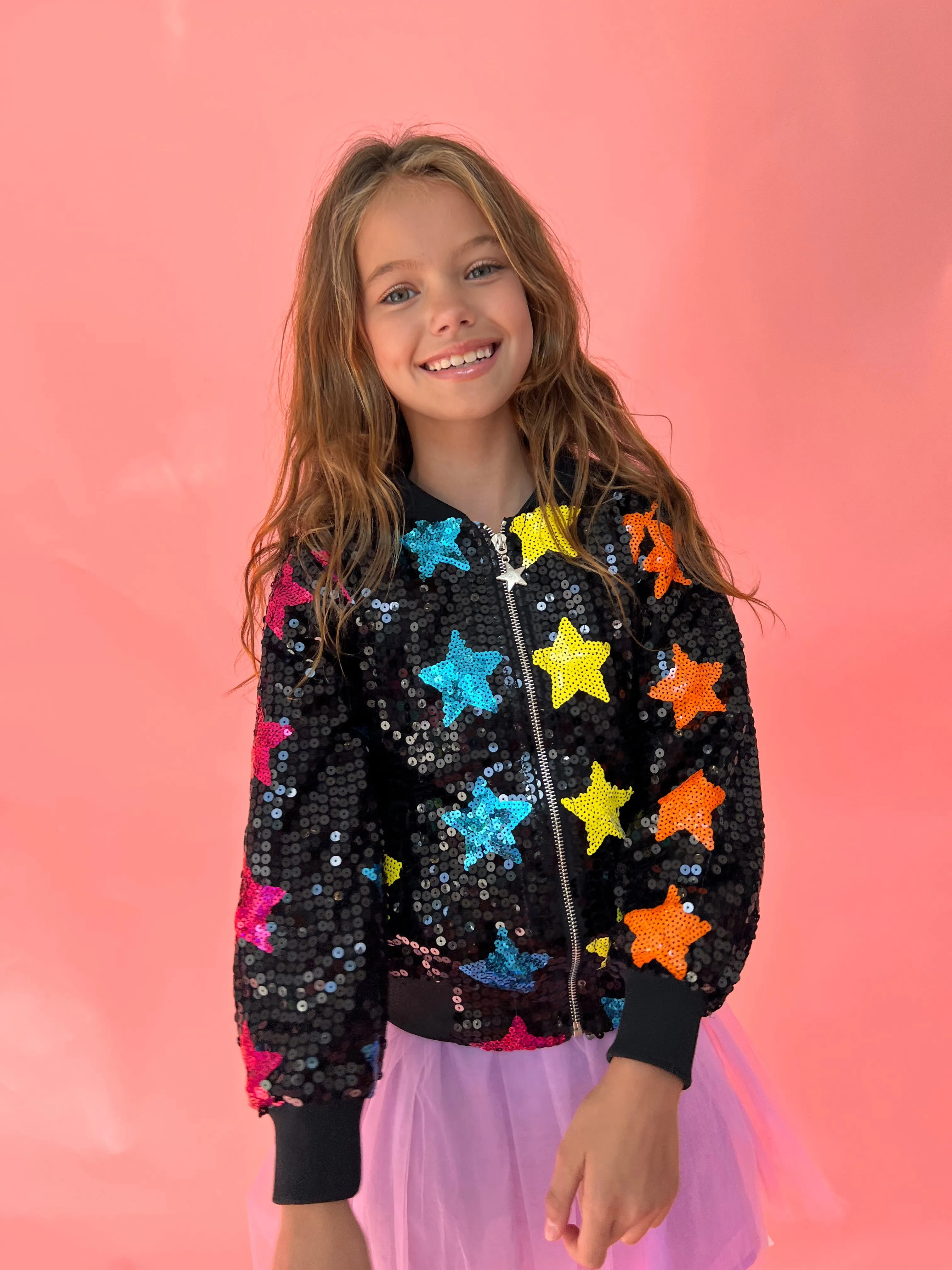 Rainbow Star Sequin Bomber