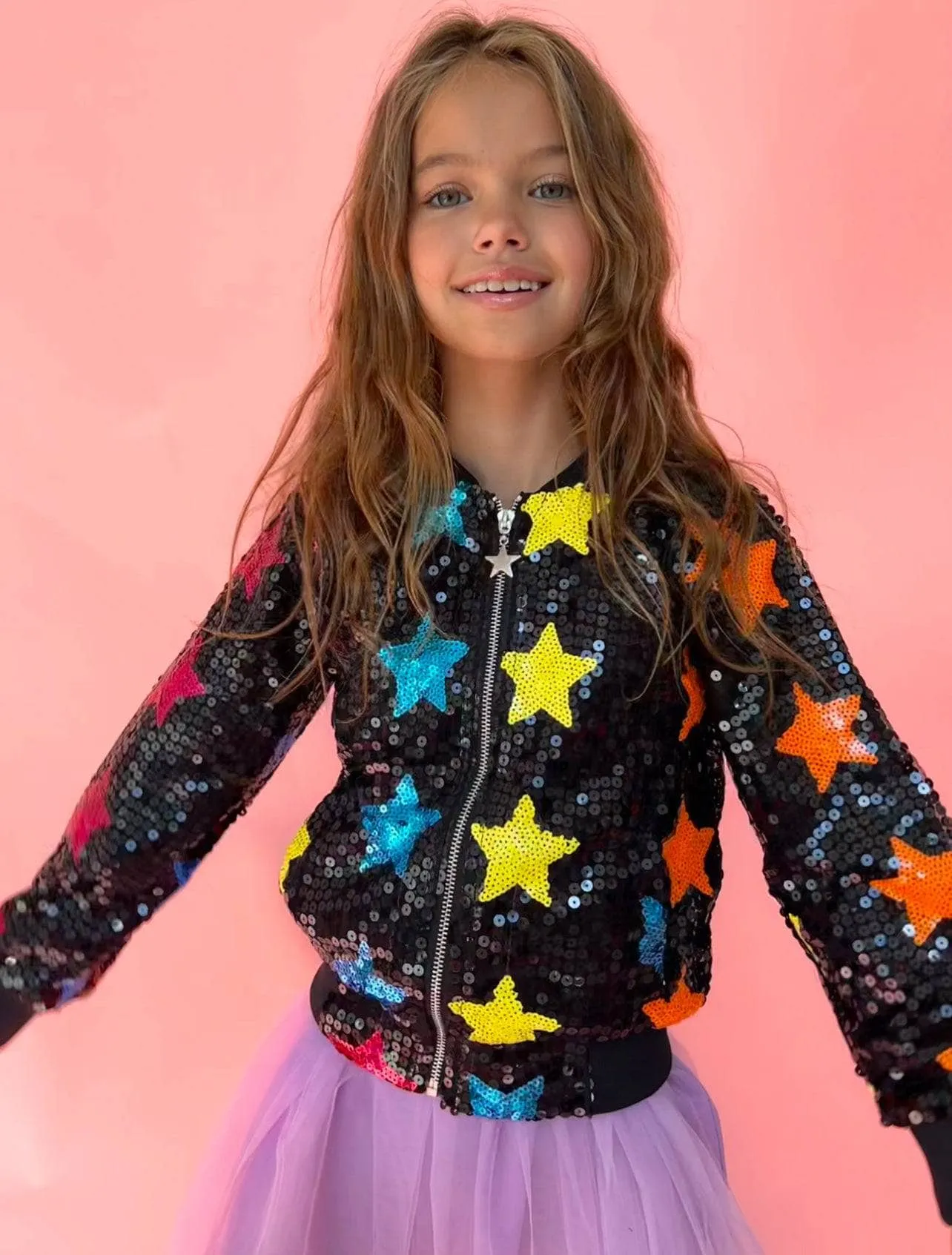 Rainbow Star Sequin Bomber