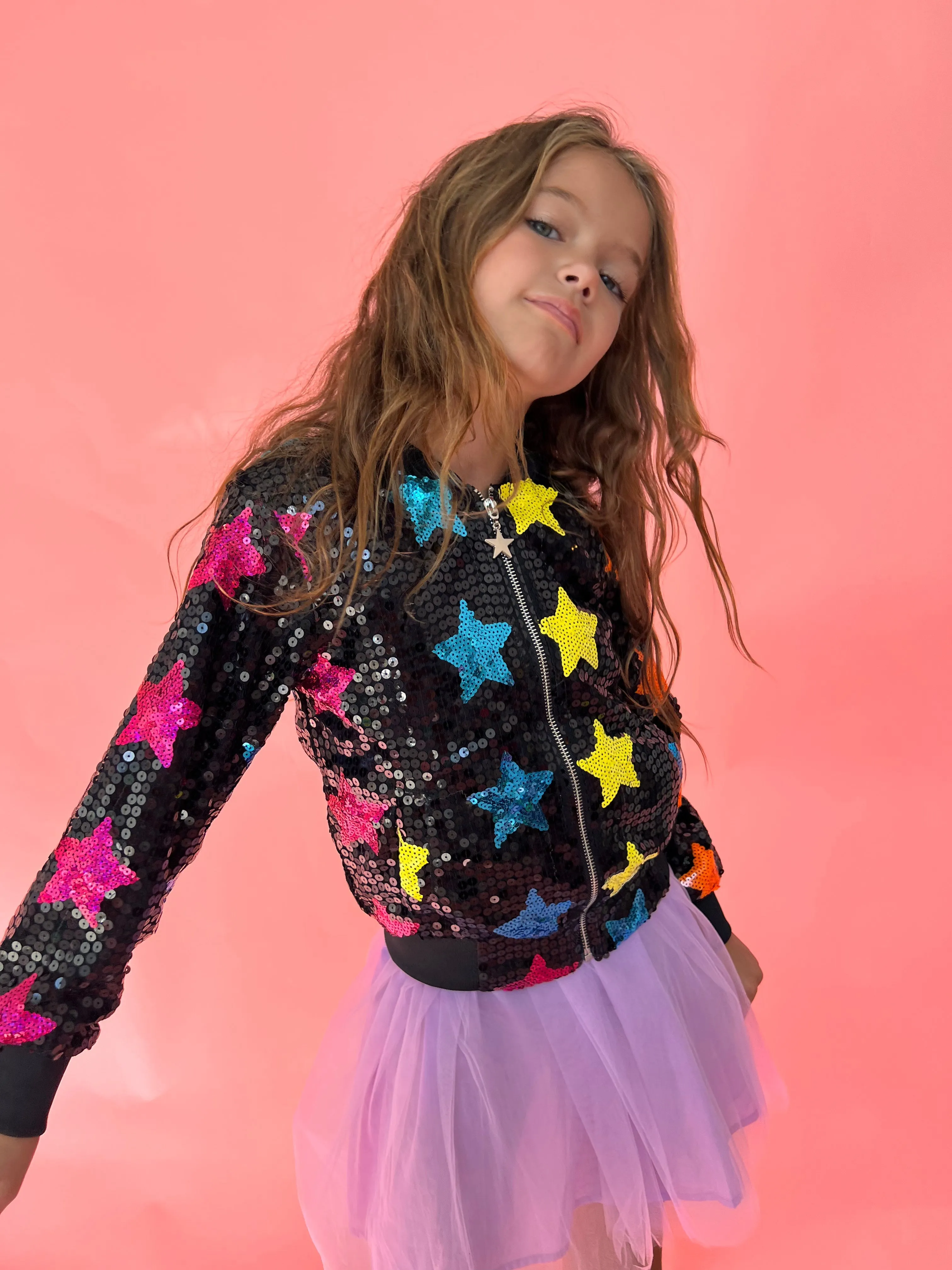 Rainbow Star Sequin Bomber