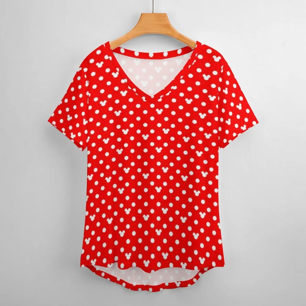 Red With White Mickey Polka Dots Women's V-Neck T-Shirt