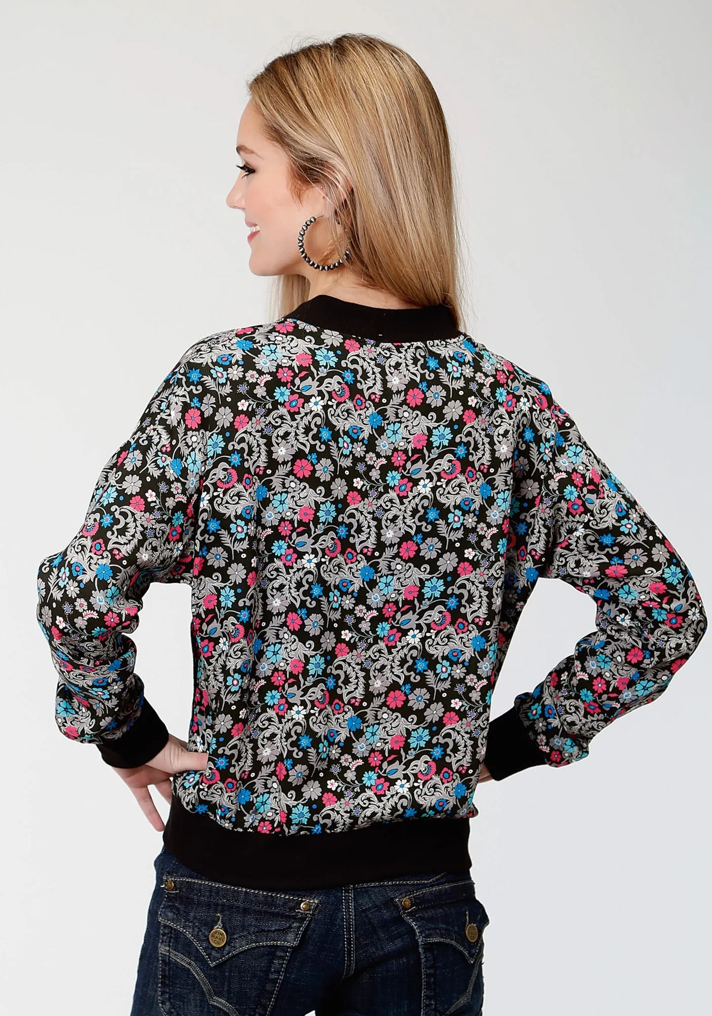 Roper Bomber Womens Black Rayon/Nylon Flower Print Jacket