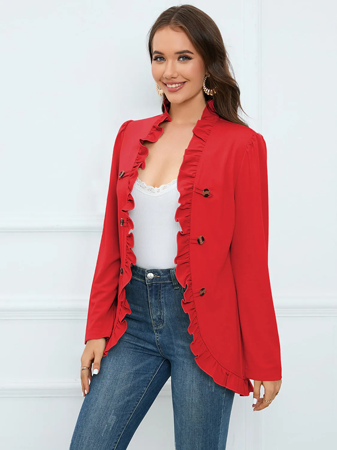 Ruffled Long Sleeve Blazer