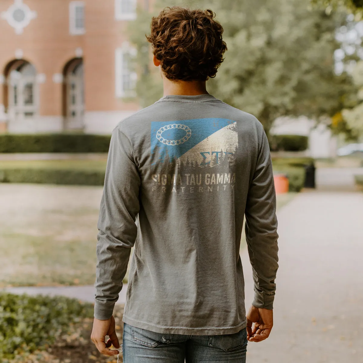 Sig Tau Gray Comfort Colors Flag Long Sleeve Pocket Tee