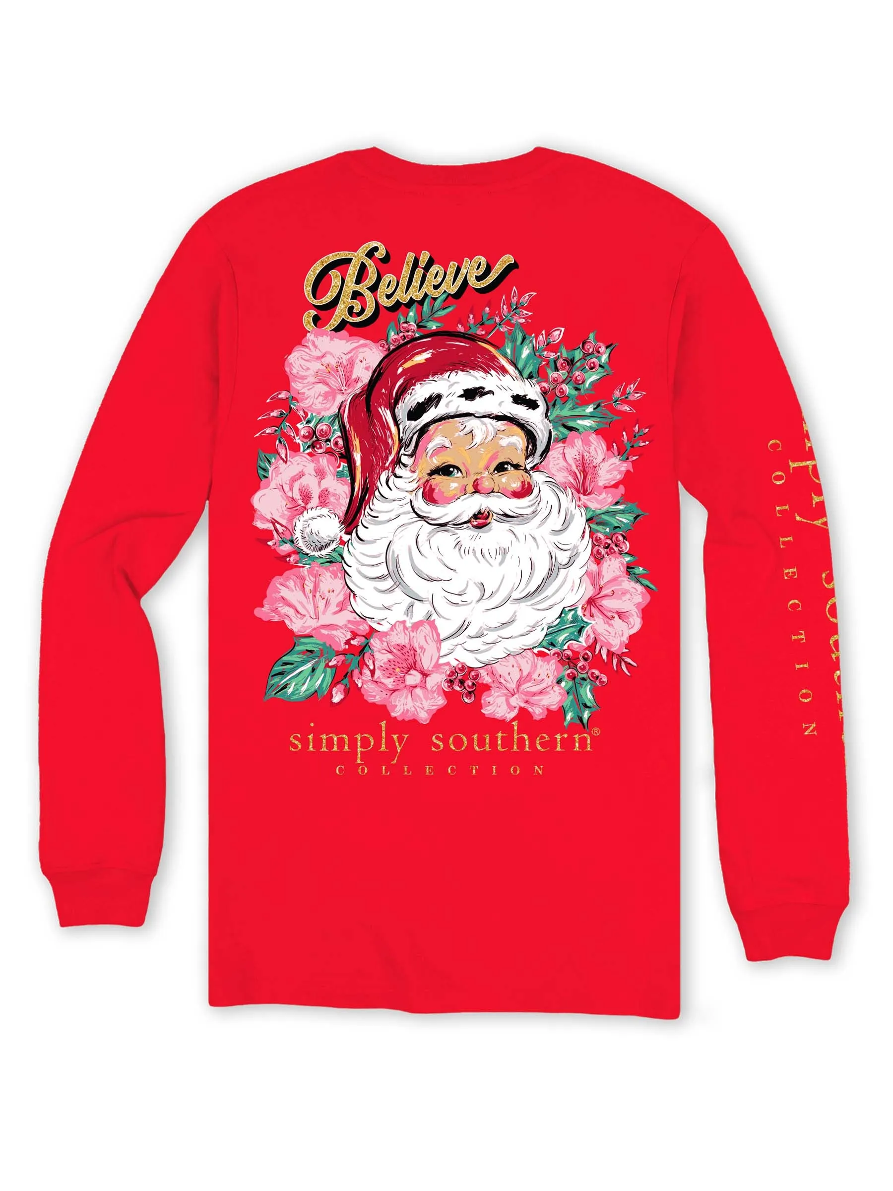 Simply Southern Christmas Santa face with flowers red tshirt