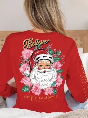 Simply Southern Christmas Santa face with flowers red tshirt