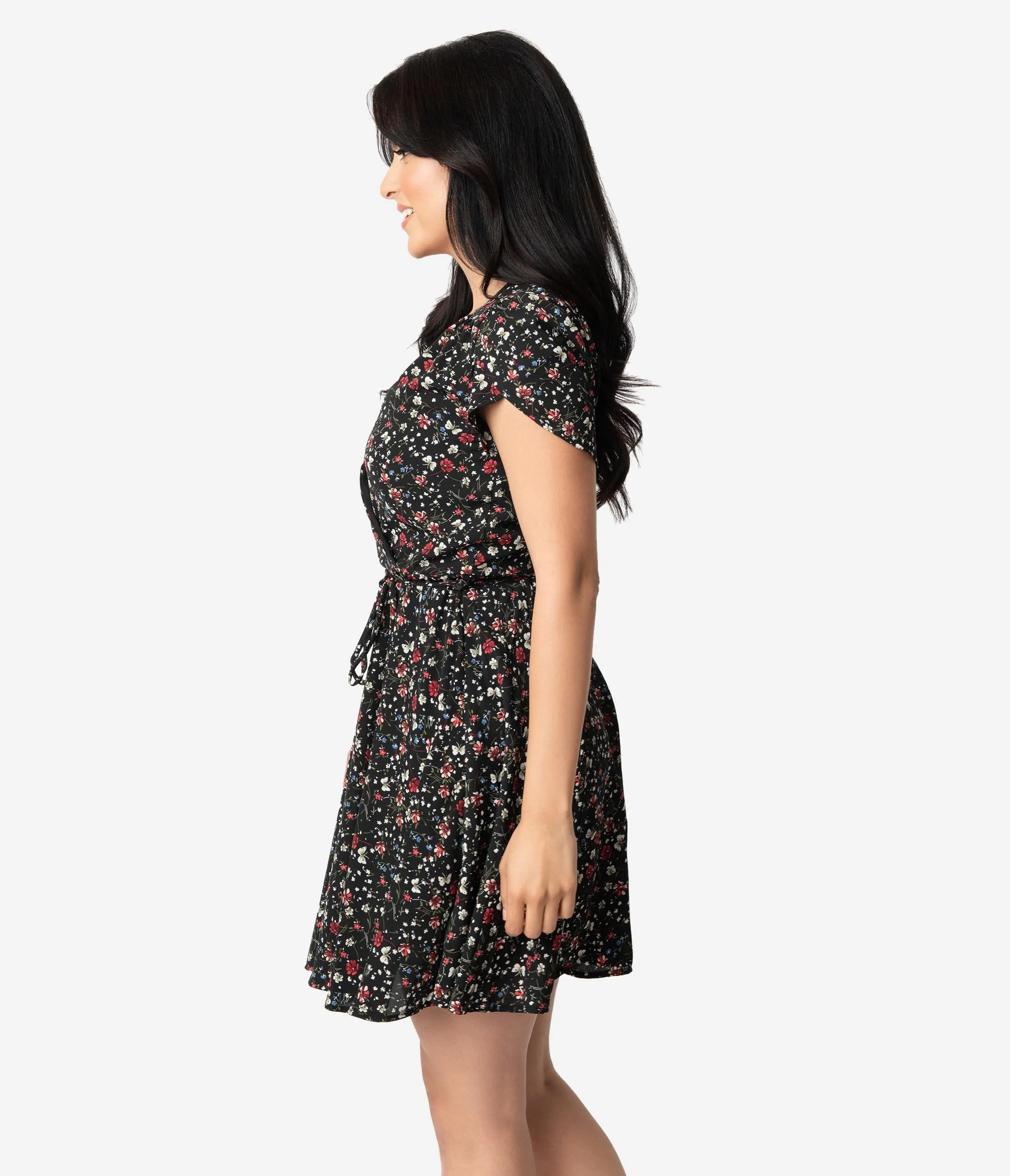 Smak Parlour Black & Multi Floral Print Short Sleeve Flare Dress