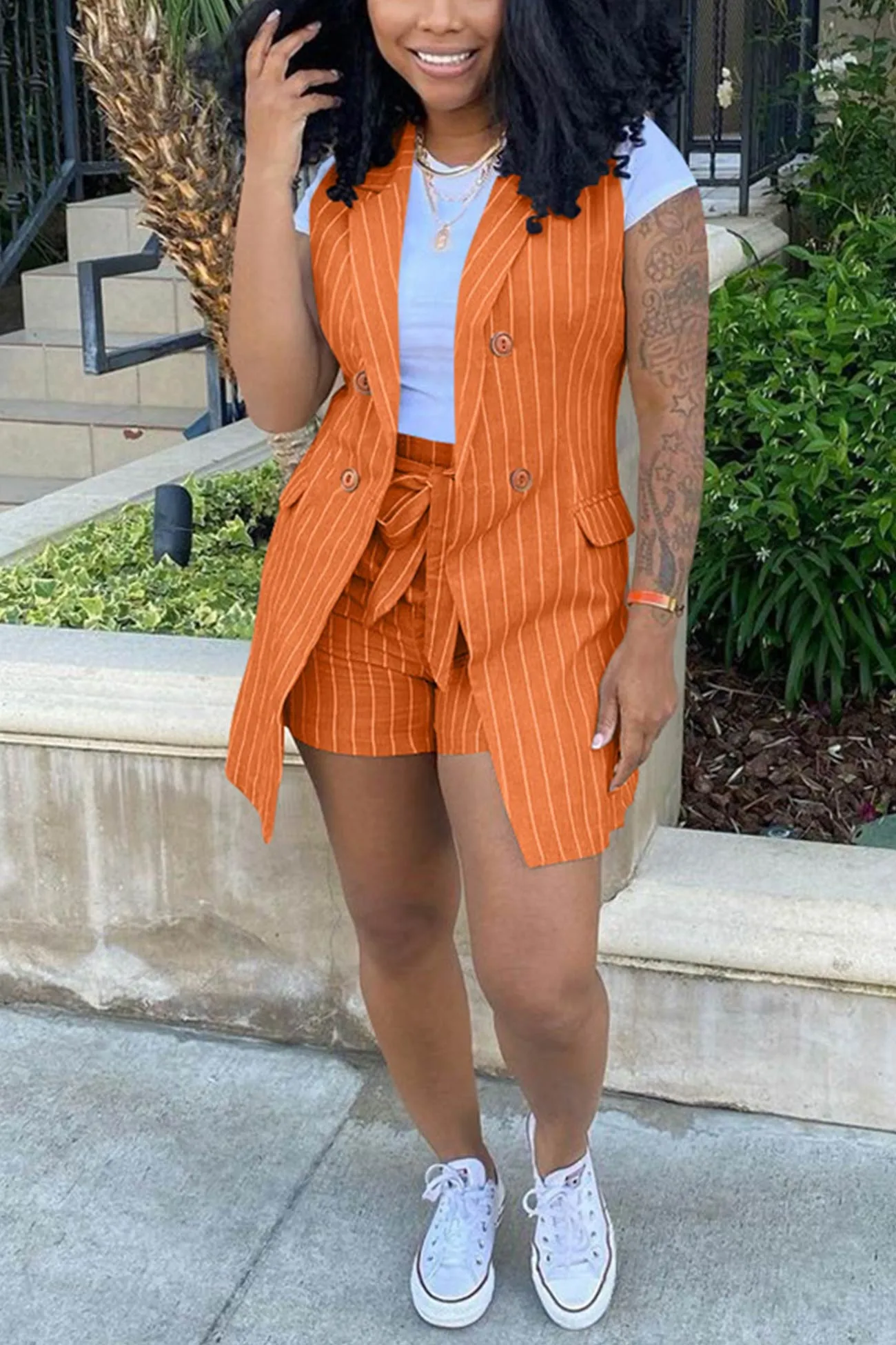 Striped Sleeveless Blazer Shorts Set