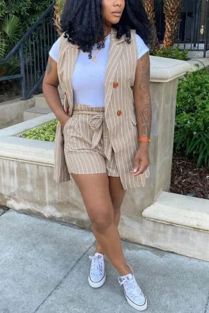Striped Sleeveless Blazer Shorts Set