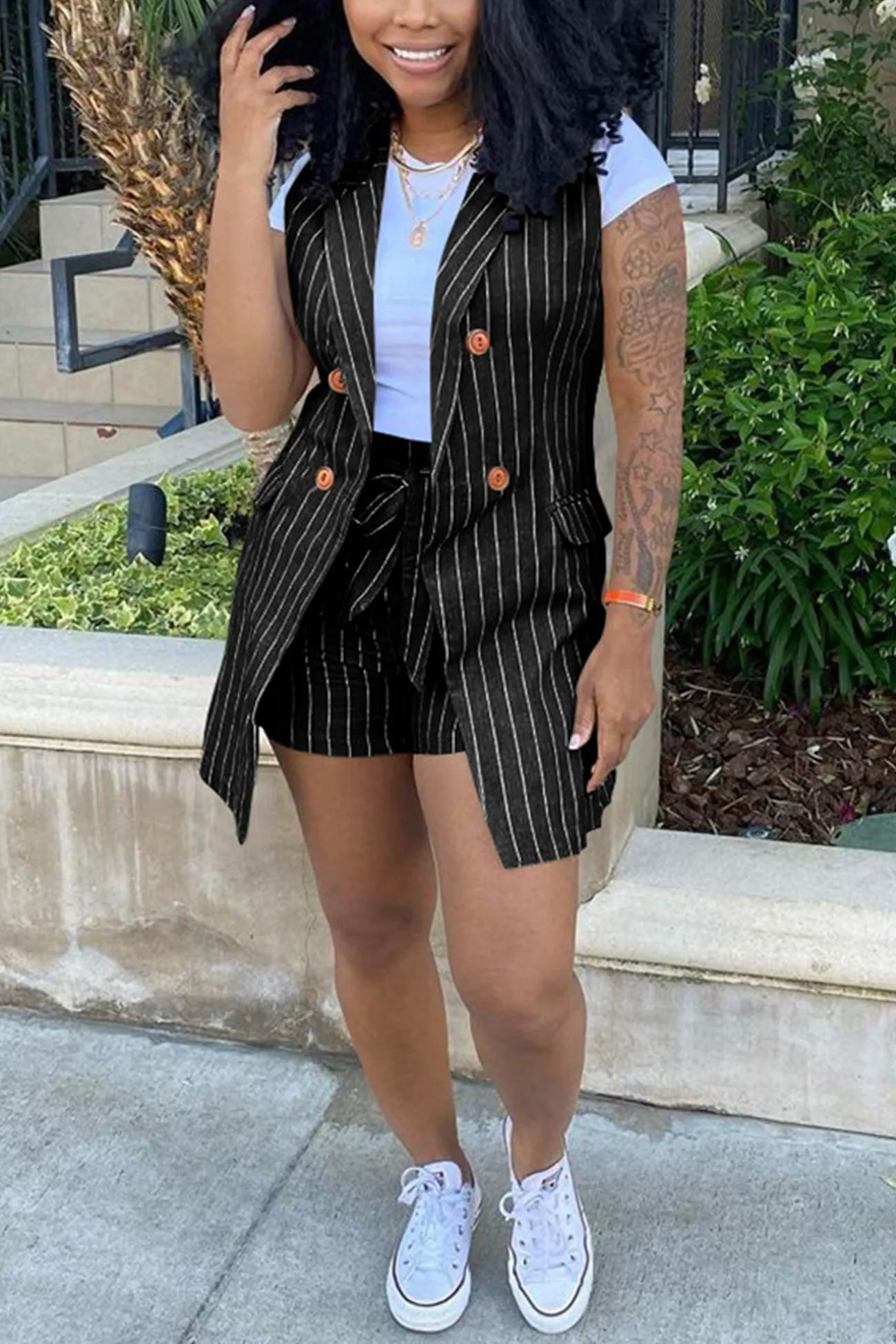 Striped Sleeveless Blazer Shorts Set