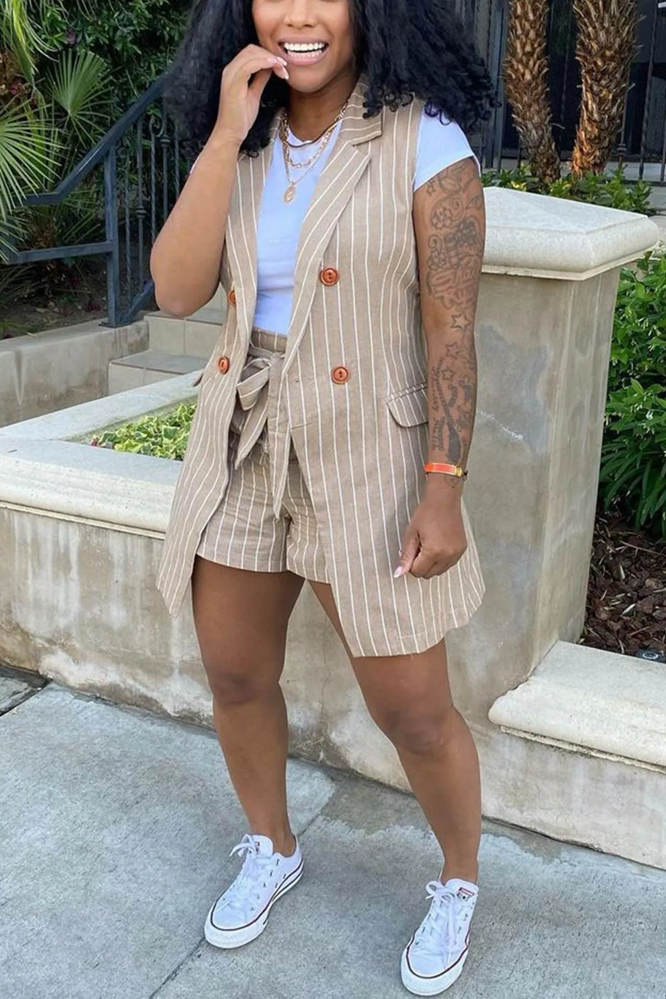 Striped Sleeveless Blazer Shorts Set