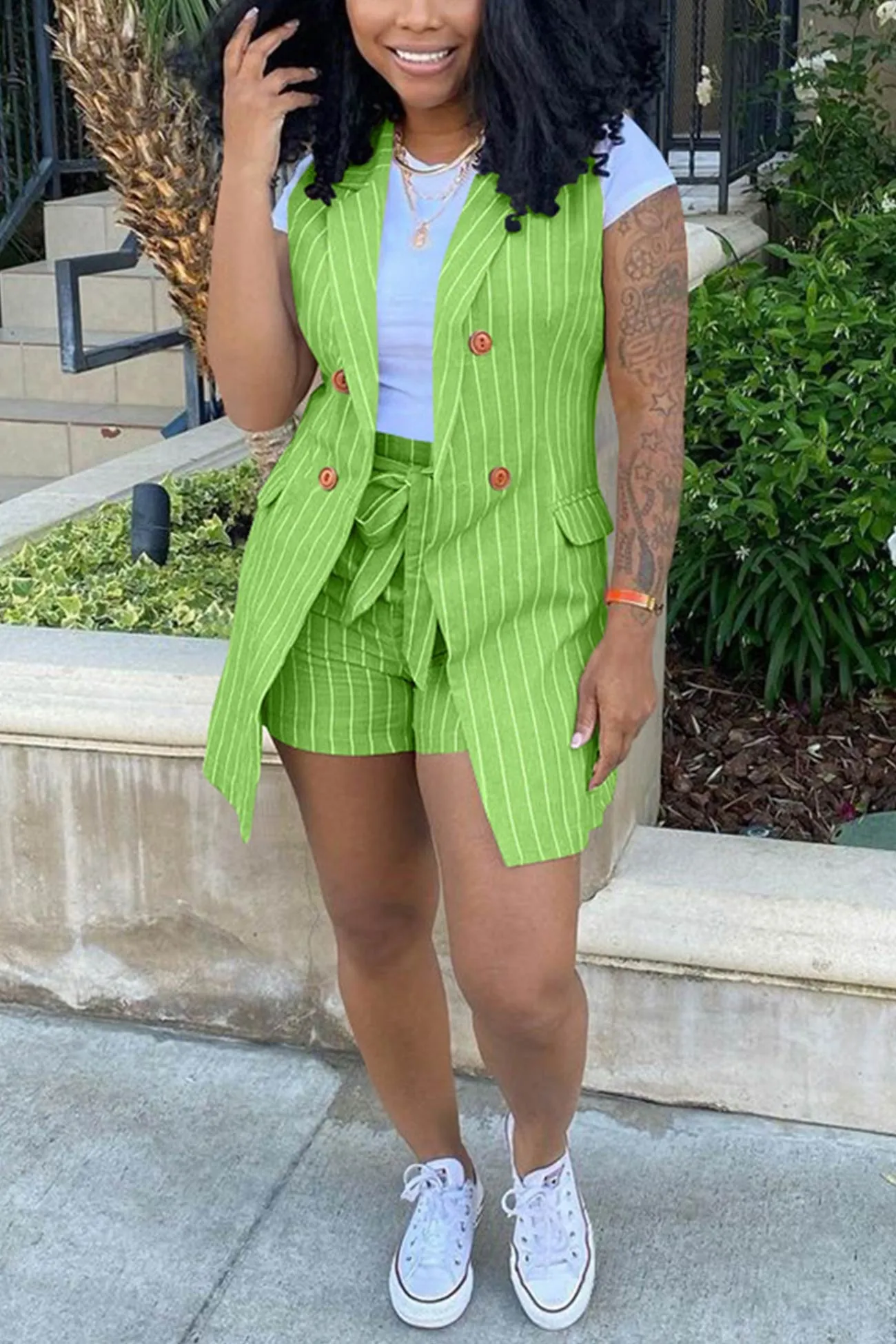 Striped Sleeveless Blazer Shorts Set