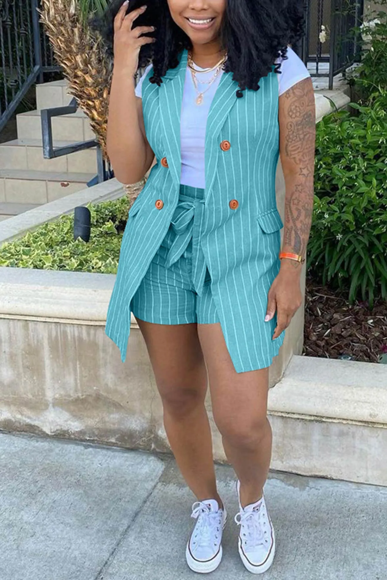 Striped Sleeveless Blazer Shorts Set
