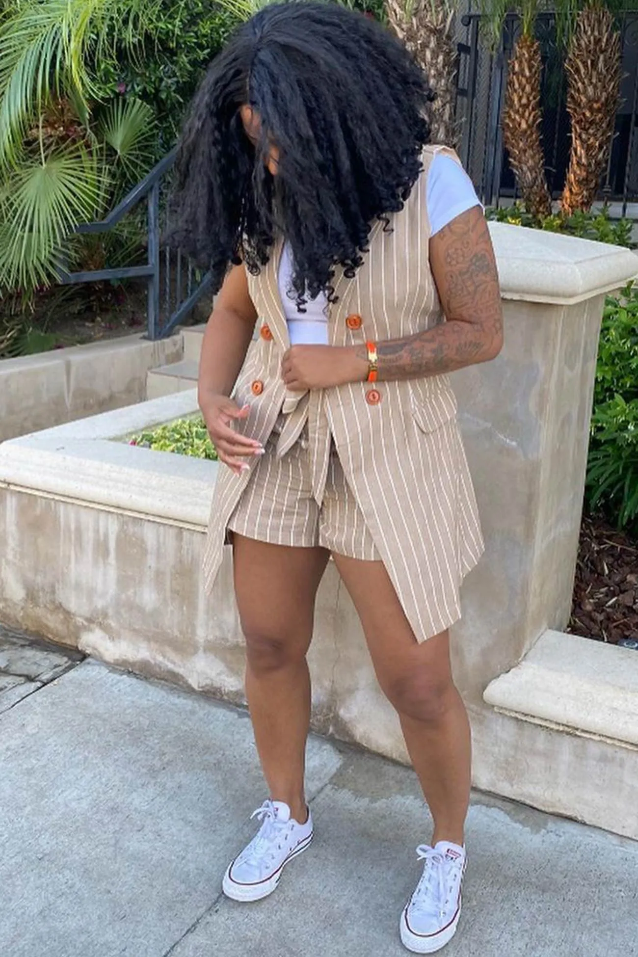 Striped Sleeveless Blazer Shorts Set